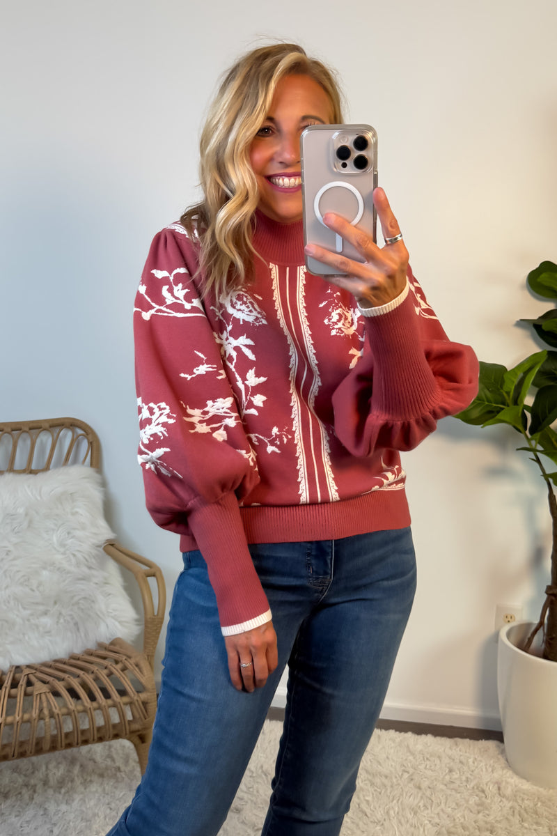 Kaelynn Balloon Sleeve Mock Neck Sweater : Red Bean