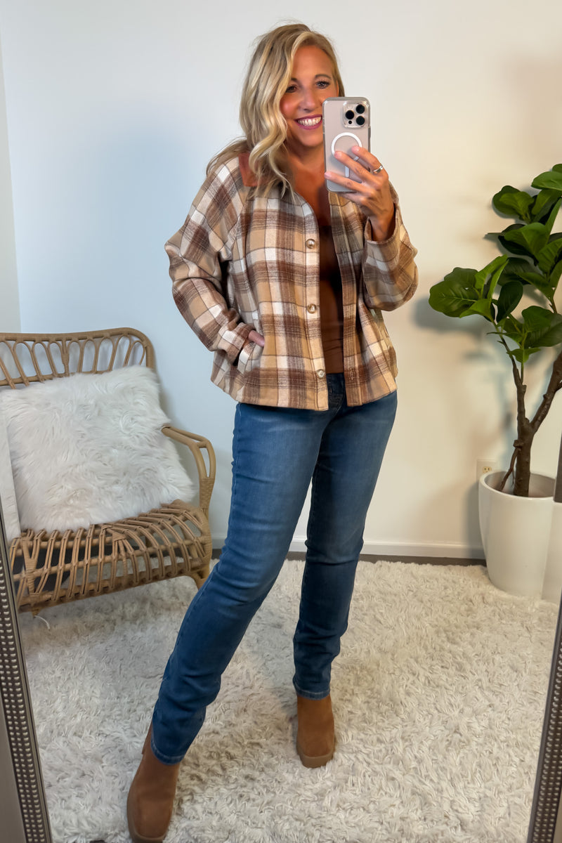 Kaydee Brushed Plaid Barn Jacket : Taupe Plaid