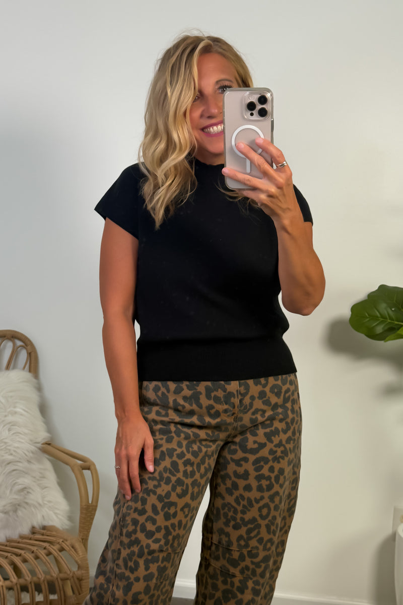 Mavis Cap Sleeve High Neck Top : Black