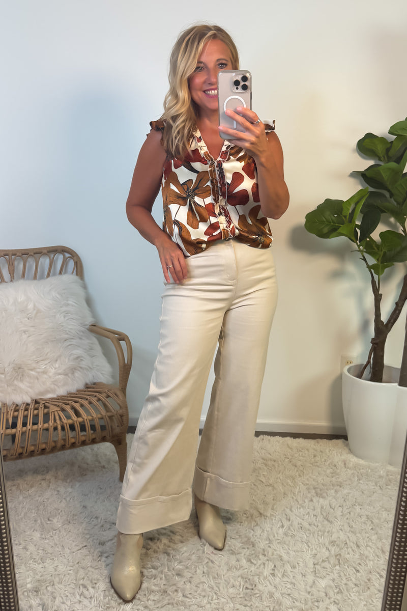 Malorie Floral Satin B Neck Blouse : Rust
