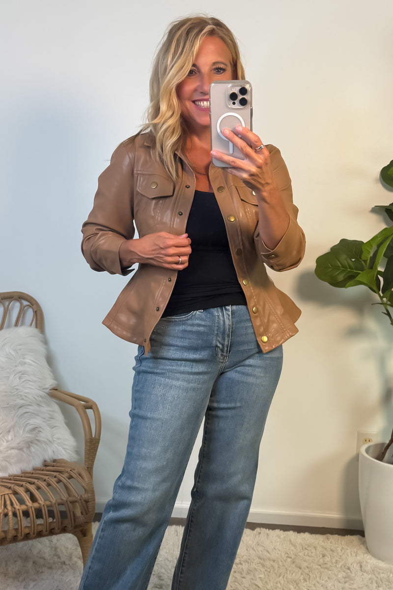 Monroe Cinched 3/4 Sleeve Faux Leather Jacket : Camel