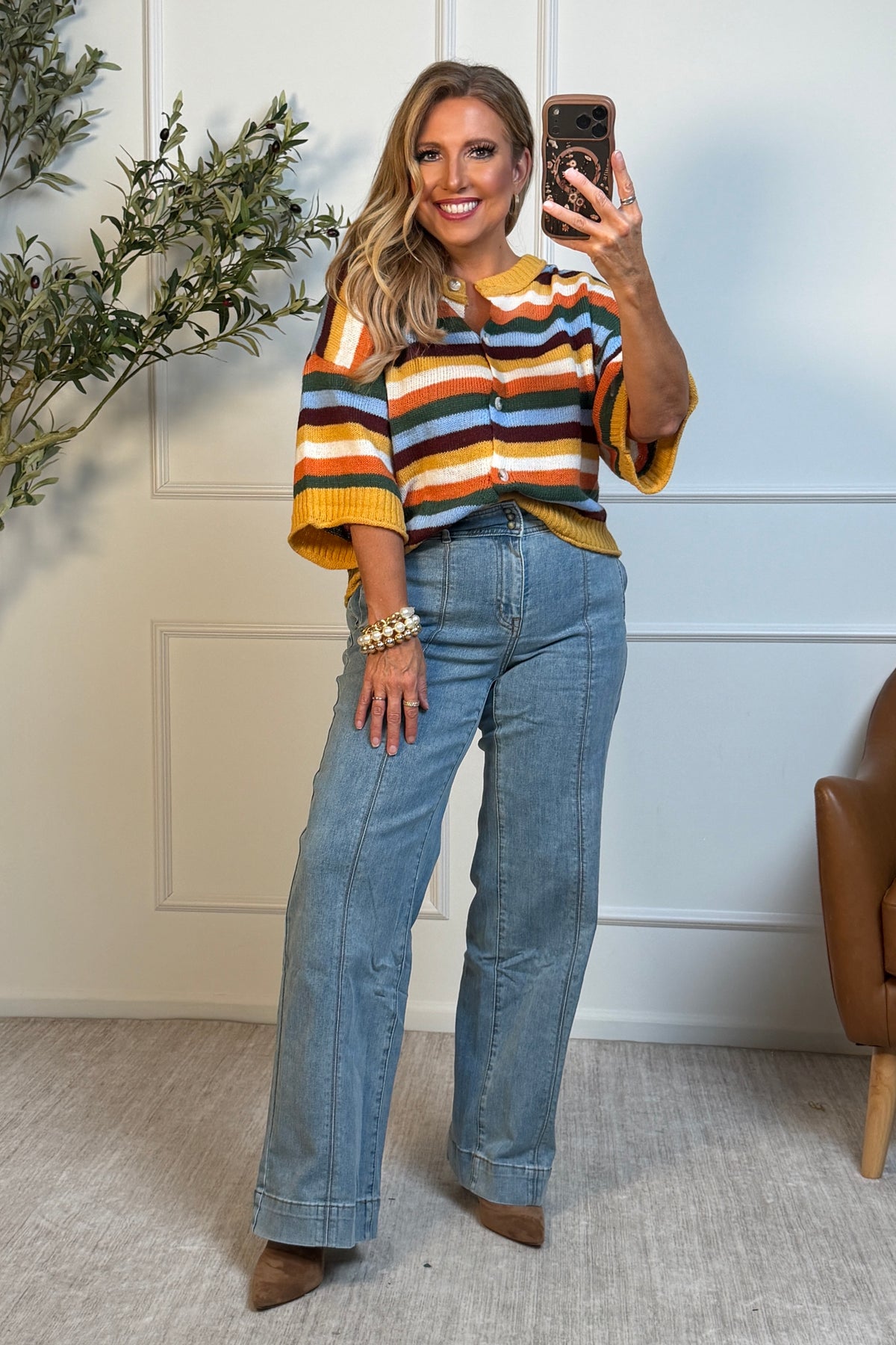 Dottie Multi Stripe Blend Sweater Cardigan : Mustard Multi