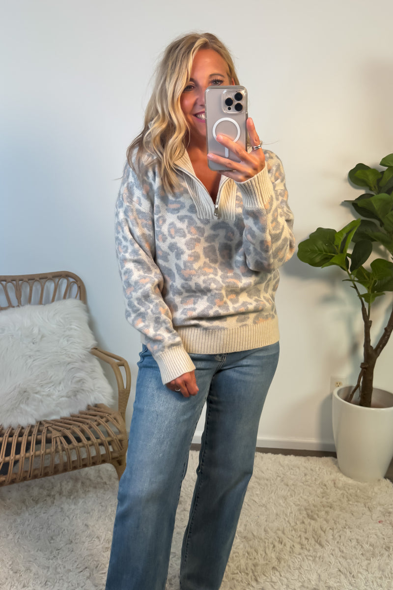 Maeve Leopard Print 1/4 Zip Sweater : Stone