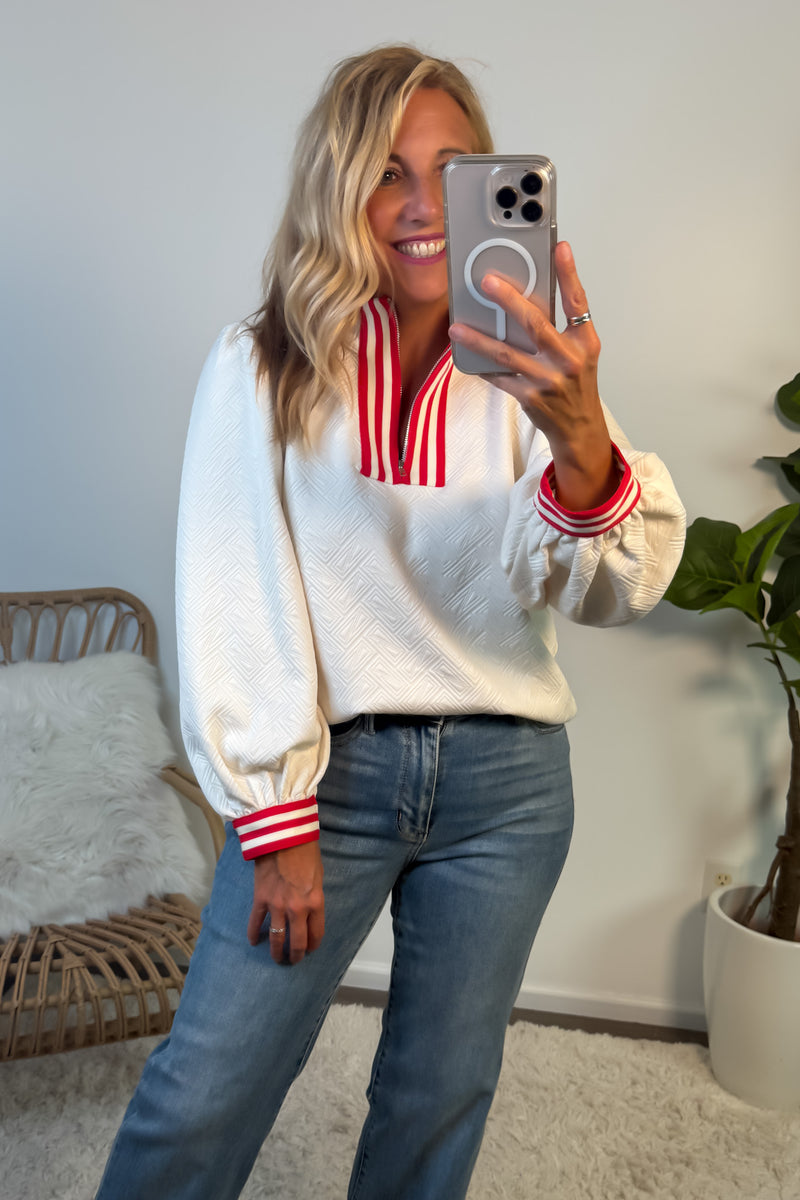 Linnea 1/4 Zip Mixed Media Top : Ivory