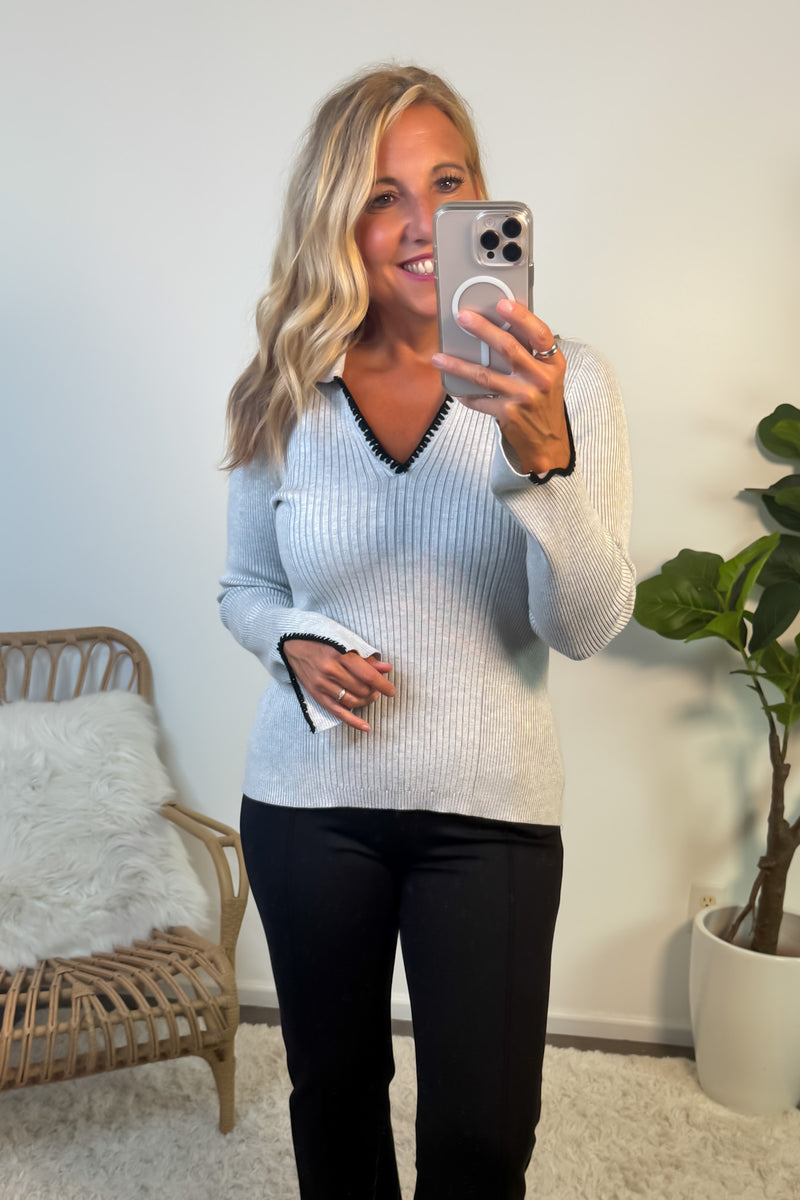 Tribal Katalia L/S Polo Sweater w/ Blanket Stitch : Grey