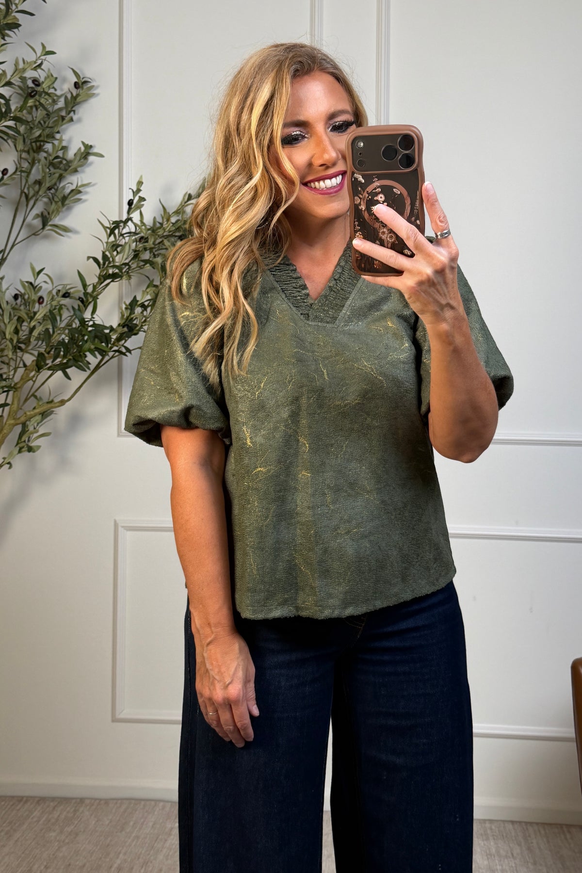 Jara Ruffle Faux Leather Top : Olive