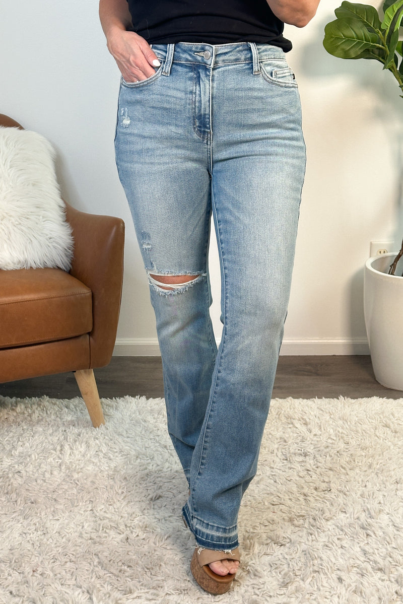 Salone Judy Blue Destroy & Release Hem Bootcut Jean : Med Blue