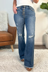 Vashti Judy Blue Button Fly Flare Frayed Hem Jeans : Med wash