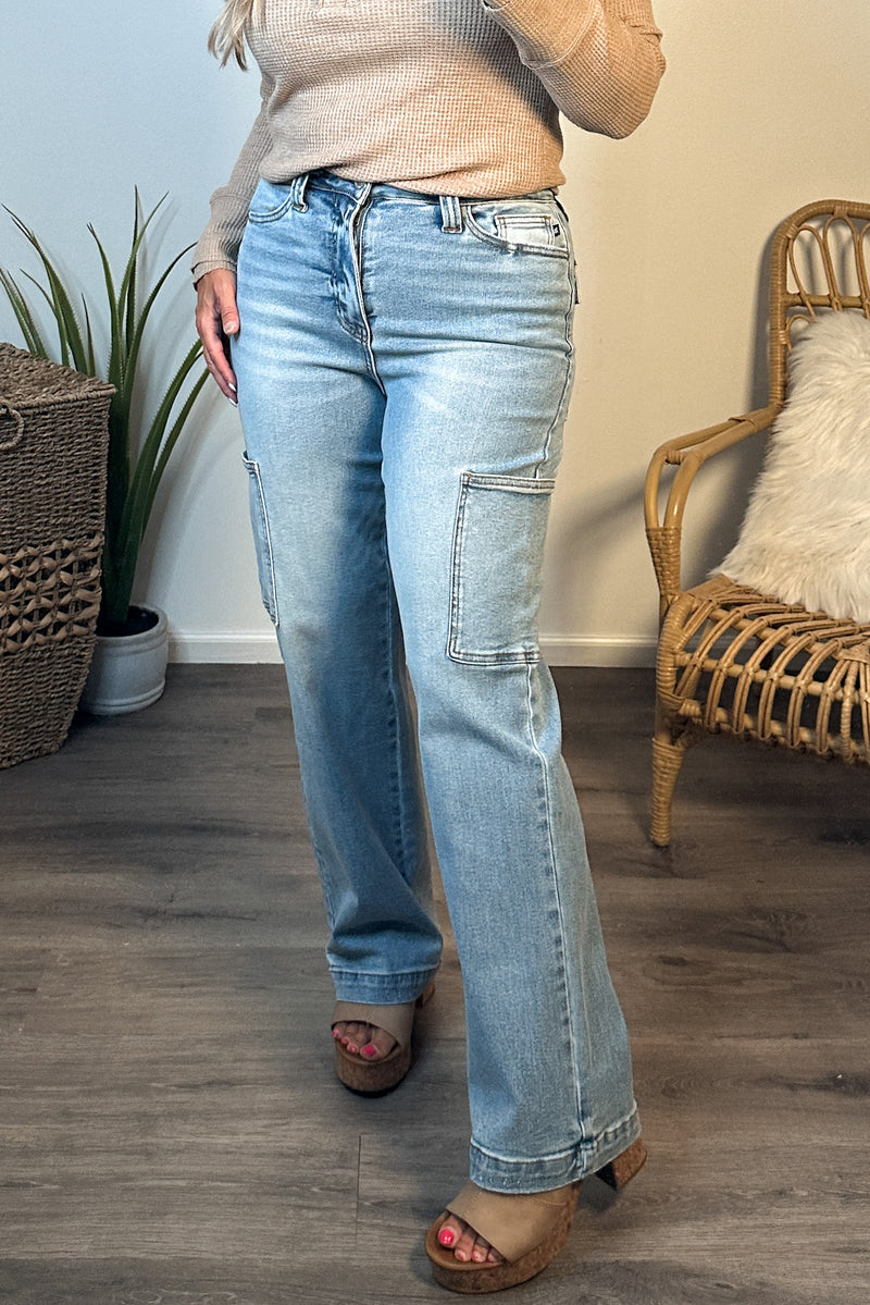 Renae High Waisted Judy Blue Cargo Wide Jeans : Lt. Denim