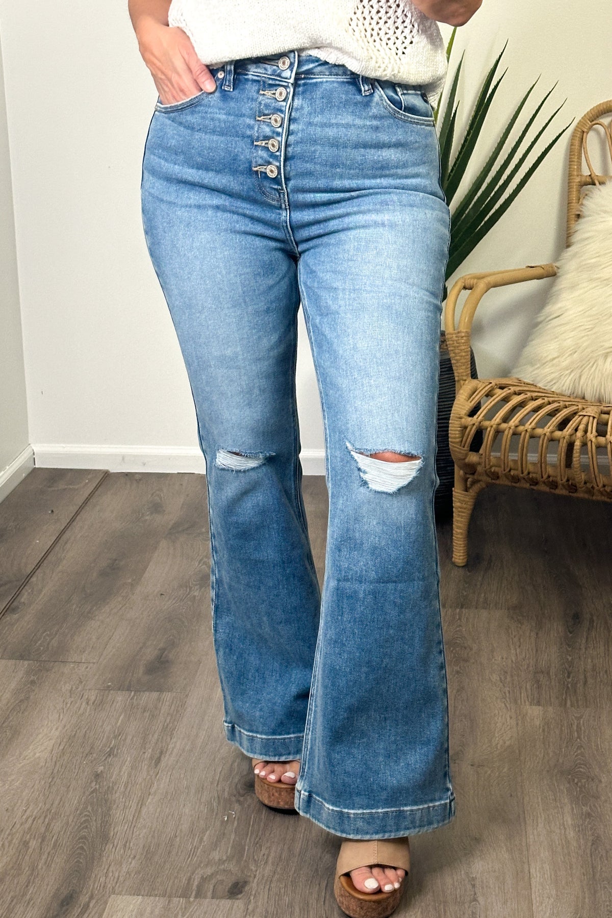 Tamia KanCan High Rise Button Trouser Flare Jeans: Light
