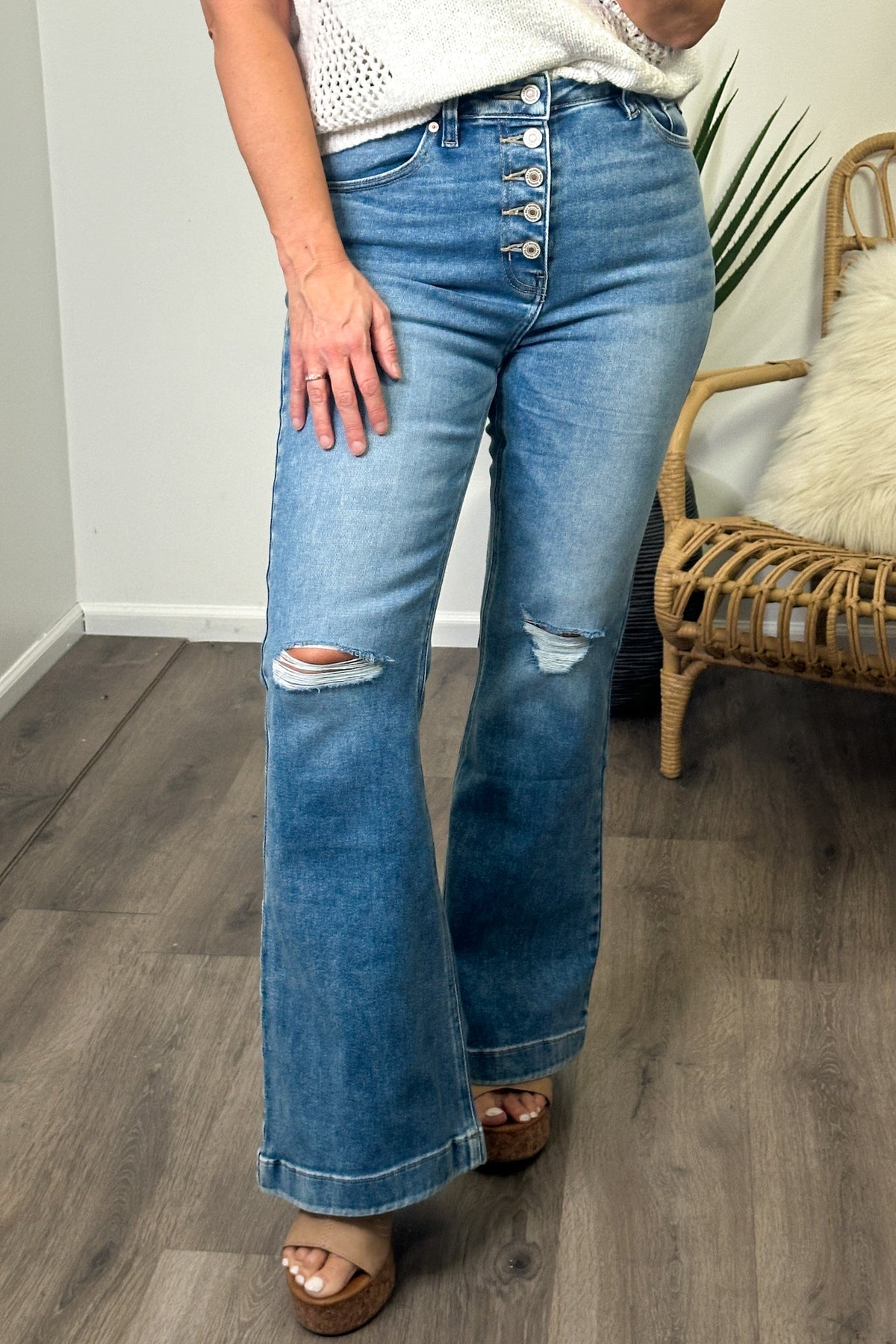 Tamia KanCan High Rise Button Trouser Flare Jeans: Light