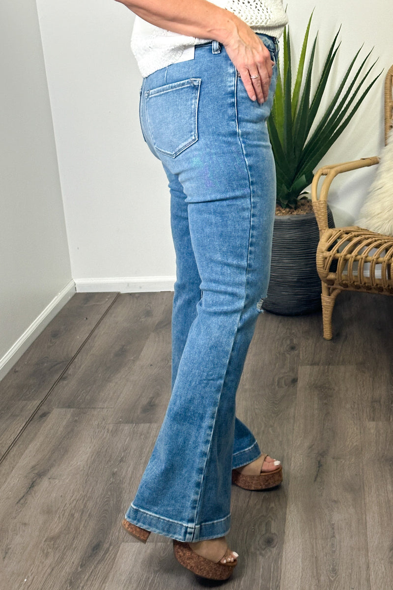 Tamia KanCan High Rise Button Trouser Flare Jeans: Light