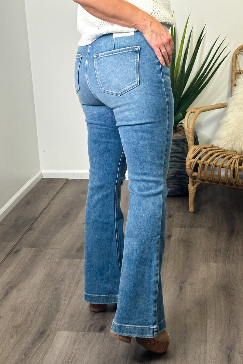 Tamia KanCan High Rise Button Trouser Flare Jeans: Light