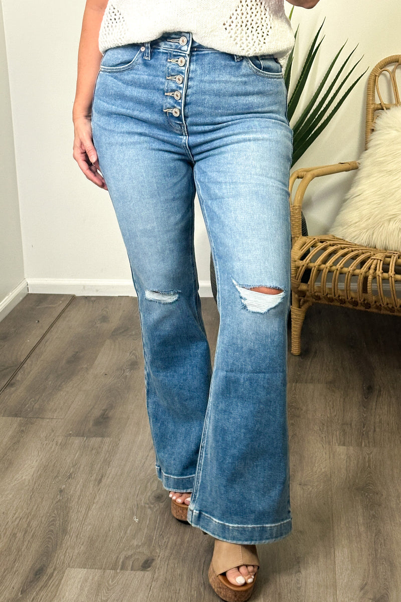Tamia KanCan High Rise Button Trouser Flare Jeans: Light