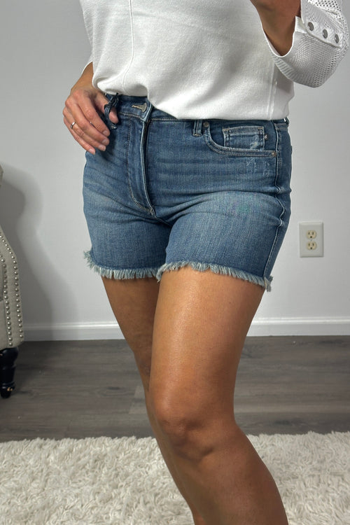 Judy Blue Liz High Waist Tummy Control Frayed Jean Shorts : Medium Wash