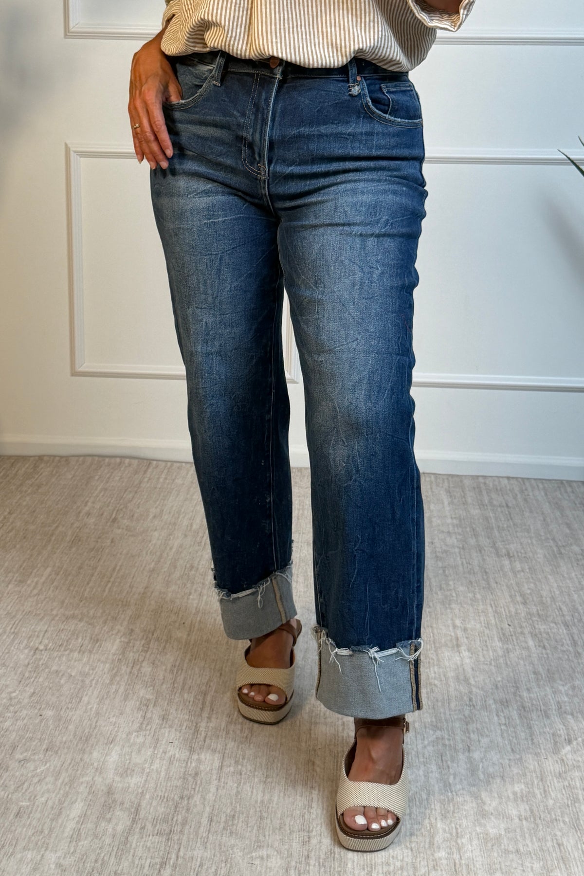 Risen Lorena High Rise Crop Boyfriend Cuffed Jeans : Medium