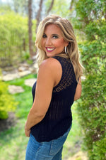 Amadee Crochet Yoke Sleeveless Sweater Top : Black