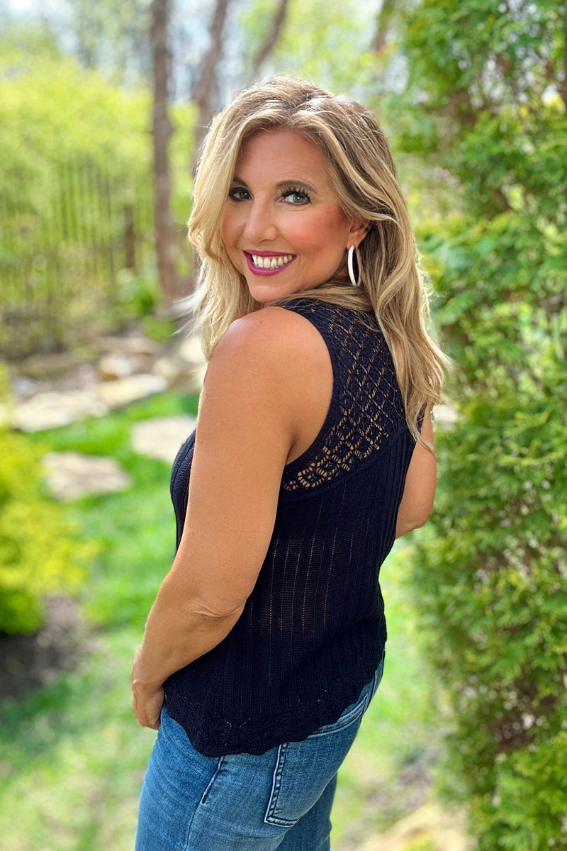 Amadee Crochet Yoke Sleeveless Sweater Top : Black
