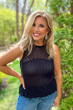 Amadee Crochet Yoke Sleeveless Sweater Top : Black