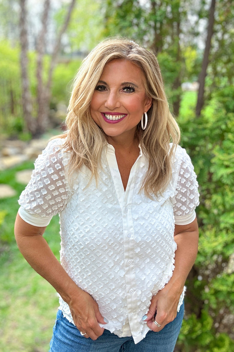 Alita Split Neck Button Down Blouse : White