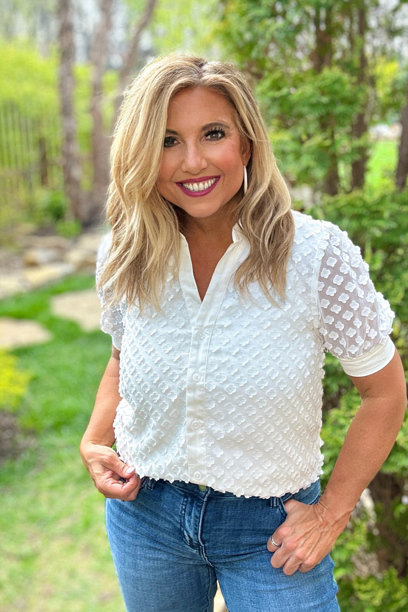 Alita Split Neck Button Down Blouse : White