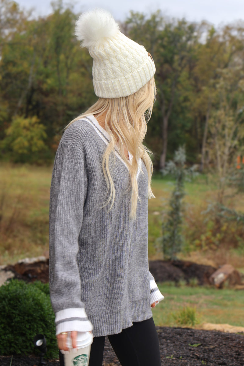 Leighton V Neck Varsity Sweater : Heather Charcoal