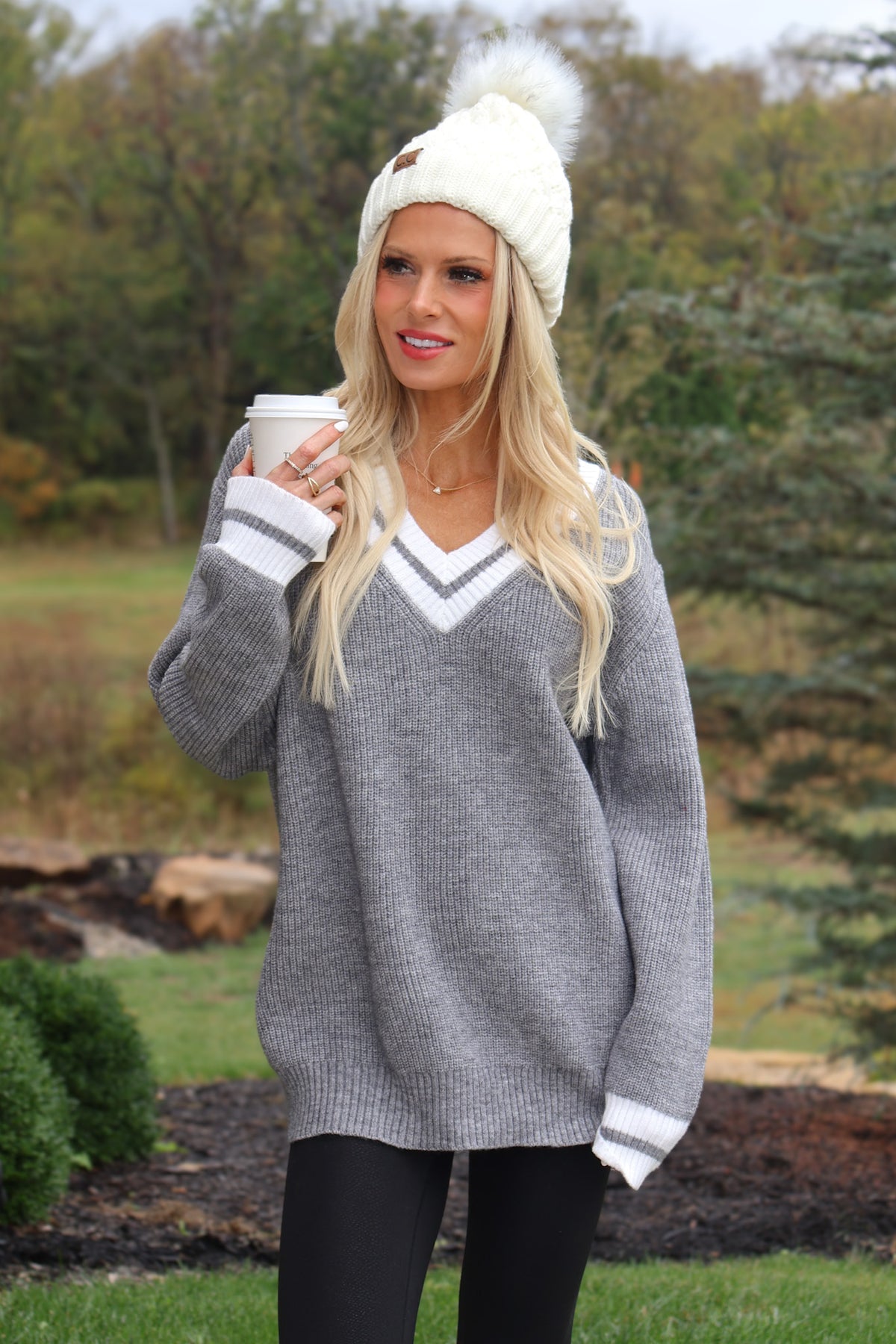 Leighton V Neck Varsity Sweater : Heather Charcoal