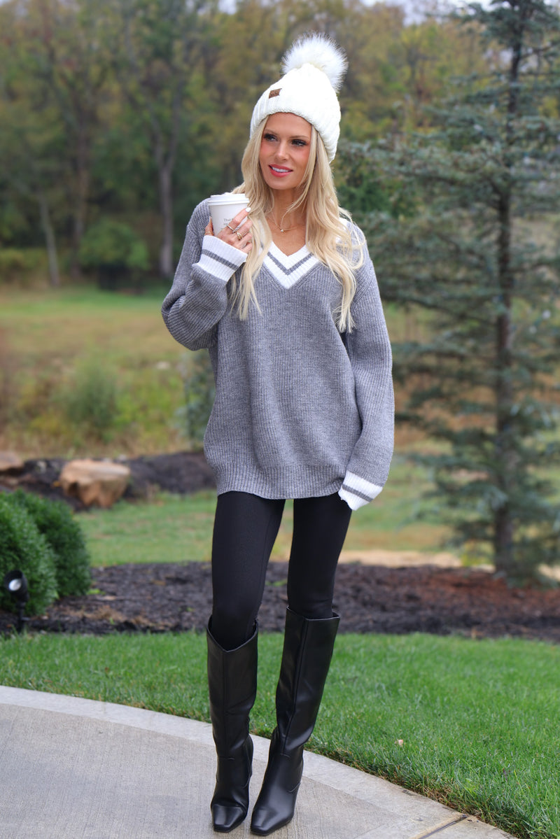 Leighton V Neck Varsity Sweater : Heather Charcoal
