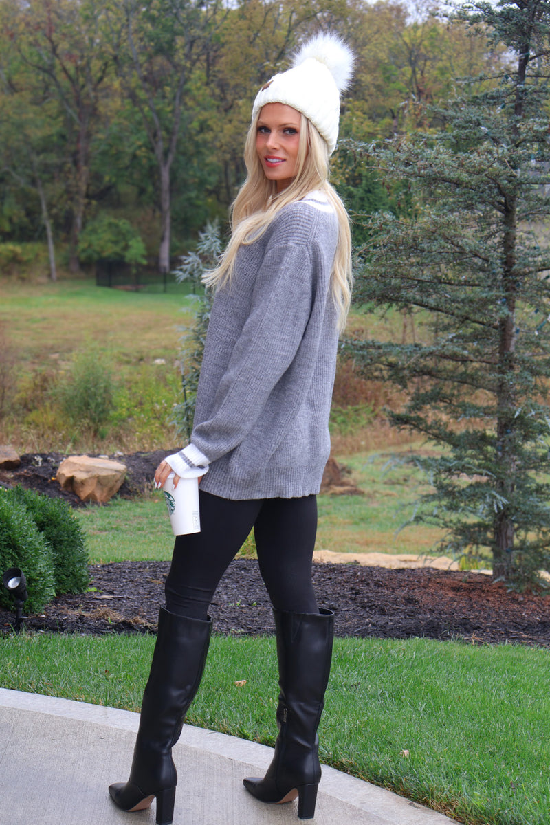 Leighton V Neck Varsity Sweater : Heather Charcoal