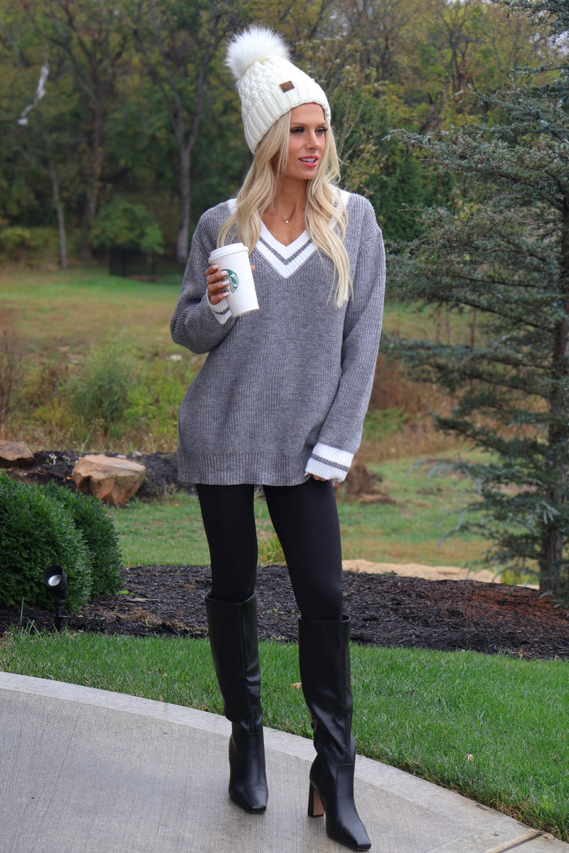 Leighton V Neck Varsity Sweater : Heather Charcoal