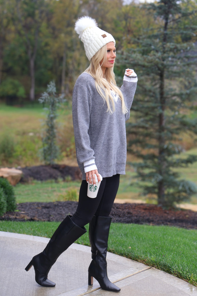 Leighton V Neck Varsity Sweater : Heather Charcoal