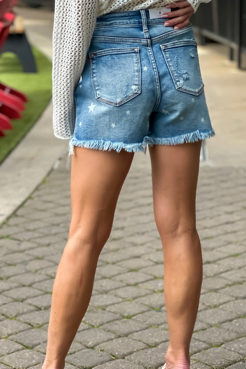 Judy Blue Londyn Star Print Cut Off Shorts : Med. Blue
