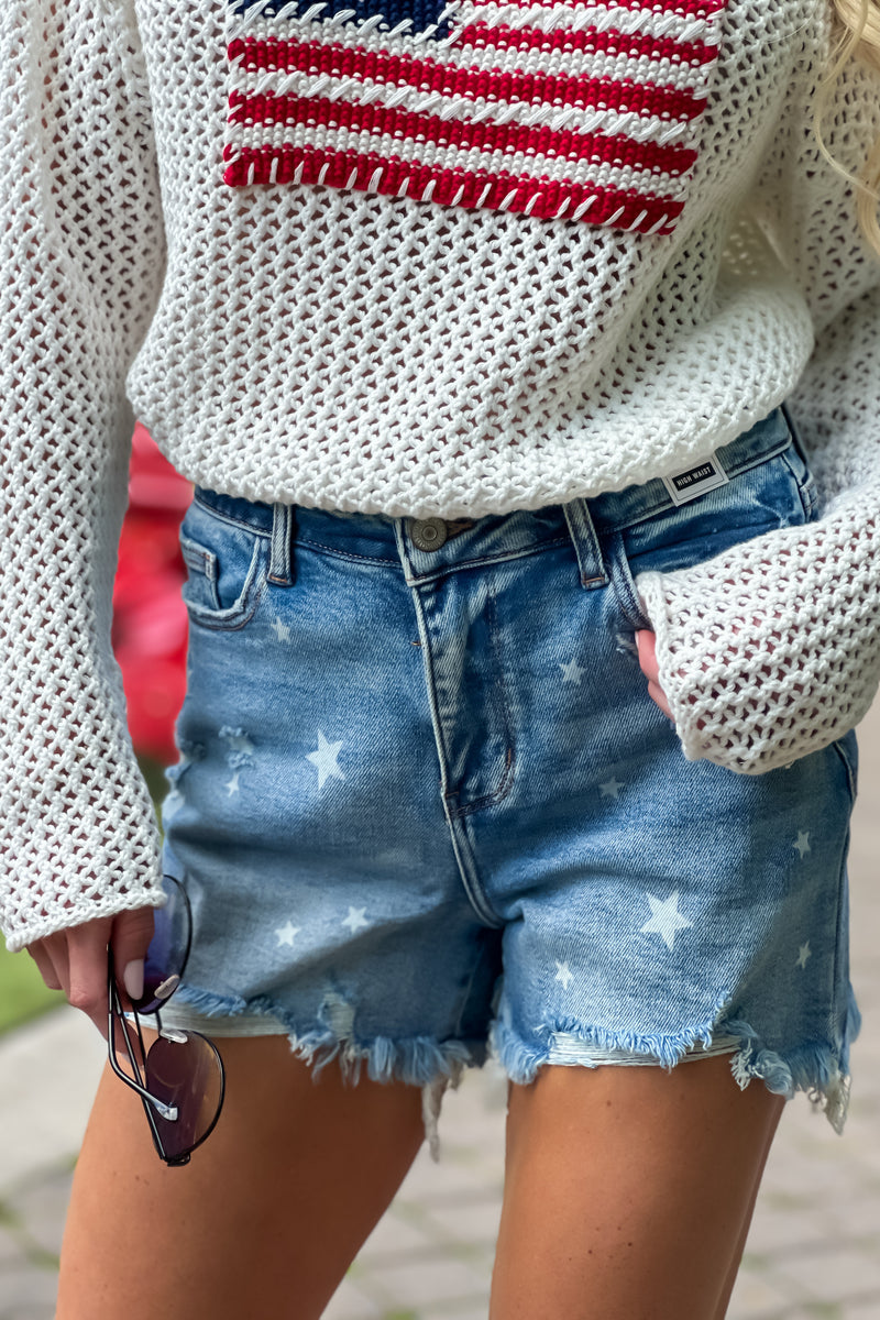 Judy Blue Londyn Star Print Cut Off Shorts : Med. Blue