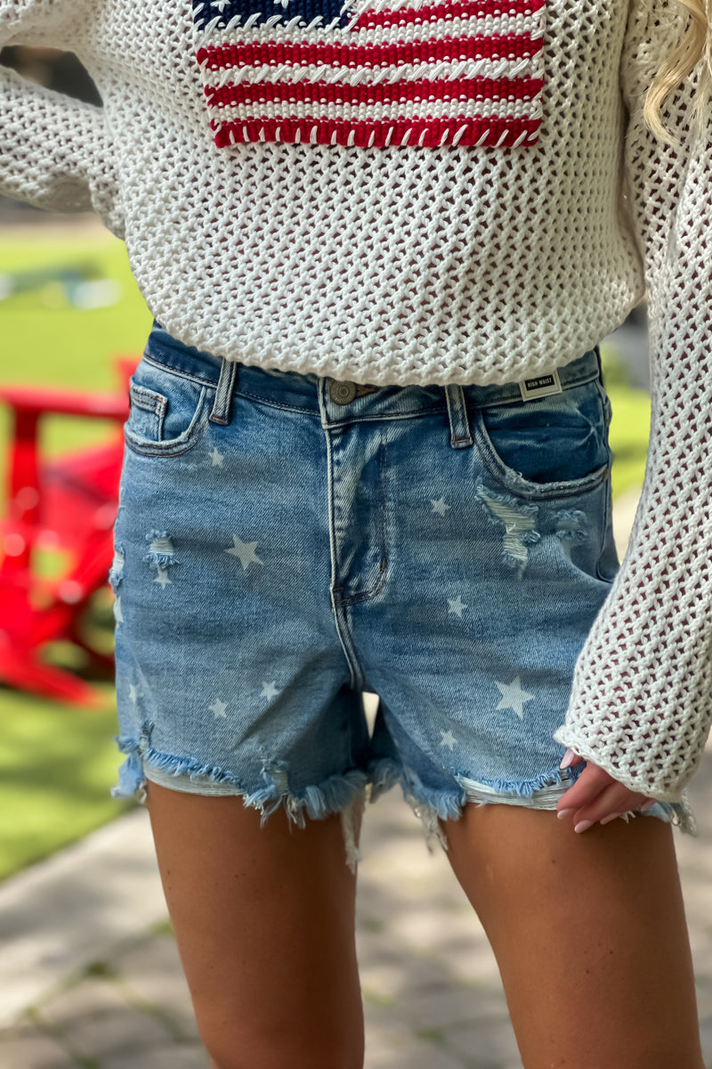 Judy Blue Londyn Star Print Cut Off Shorts : Med. Blue