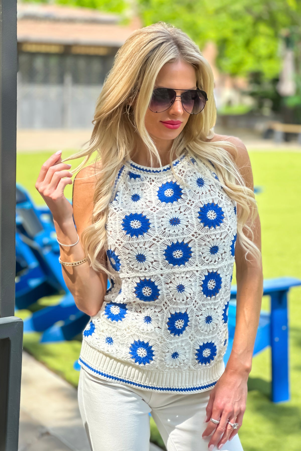 Tribal Letina Crochet Cotton Retro Sweater : Blue