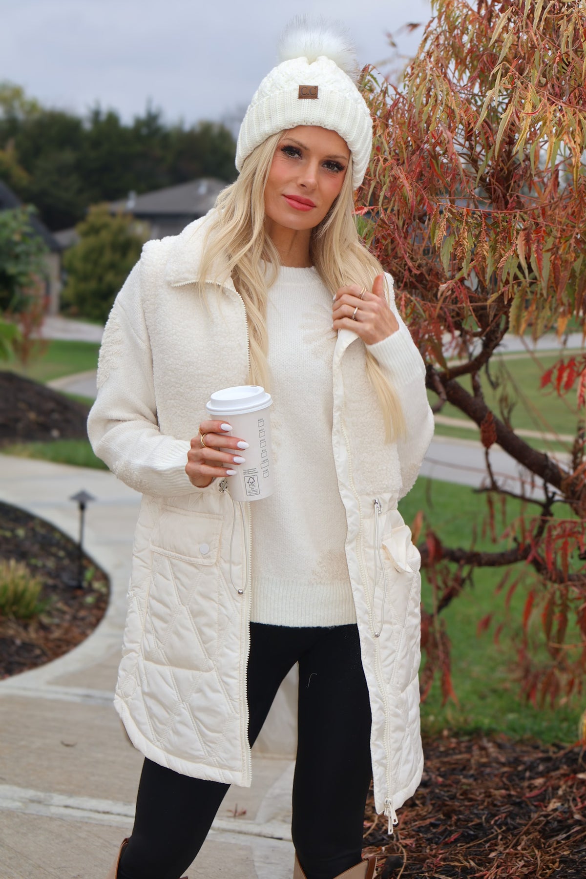 Tribal Portia Mix Media Sherpa Vest : Cream