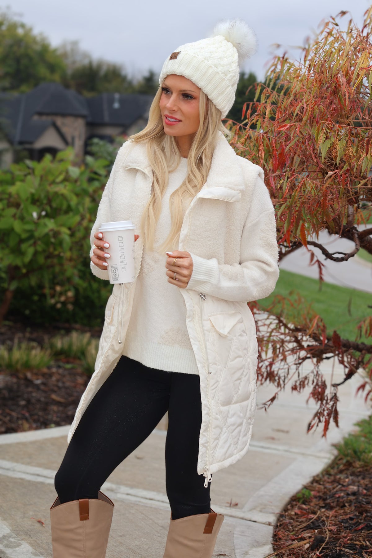 Tribal Portia Mix Media Sherpa Vest : Cream