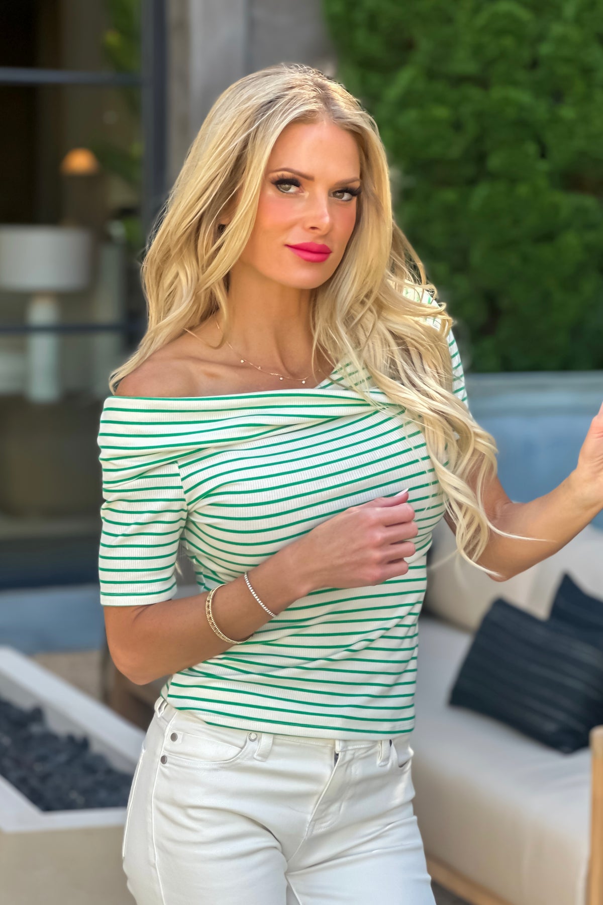 Purdie Asymmetrical Neck Twist Rib Top : Green