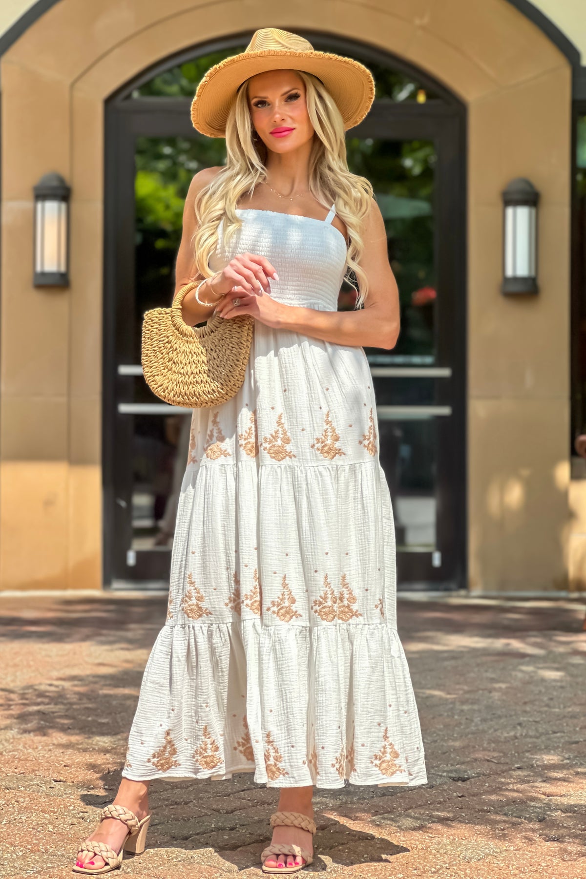 Maysen Smocked Bust Embroidered Tiered Dress : Off White