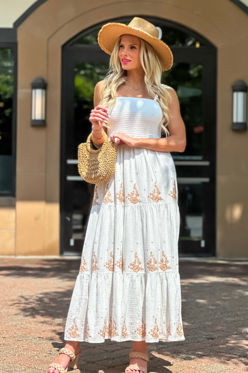 Maysen Smocked Bust Embroidered Tiered Dress : Off White