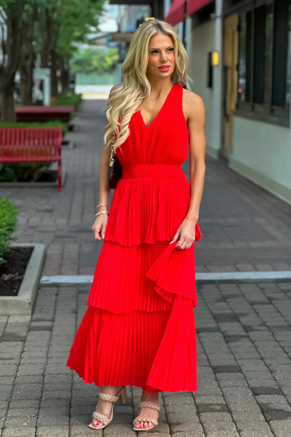 Rylee Pleats Tiered Dress : Radiant Red