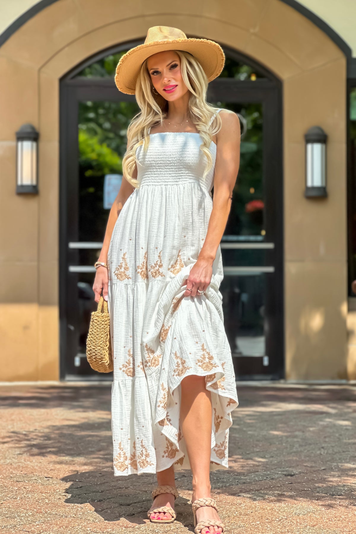Maysen Smocked Bust Embroidered Tiered Dress : Off White