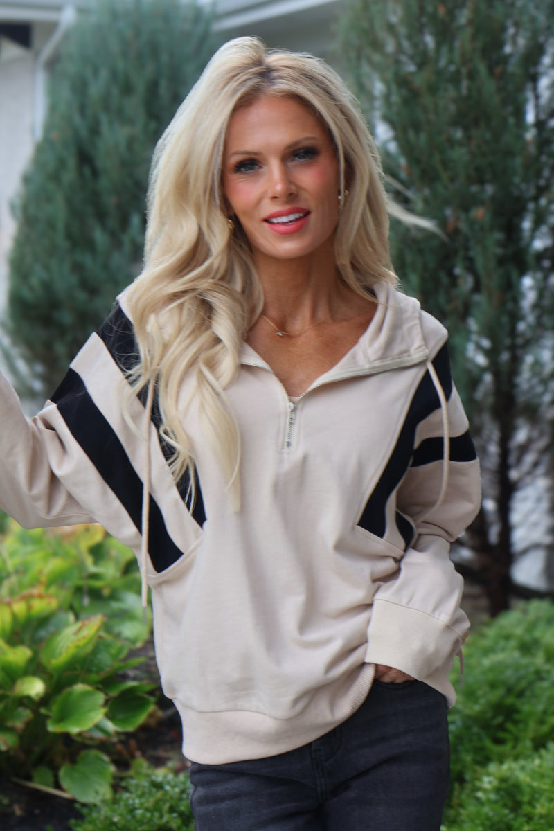 Karina Half Zip Up Hoodie Sweatshirt : Beige
