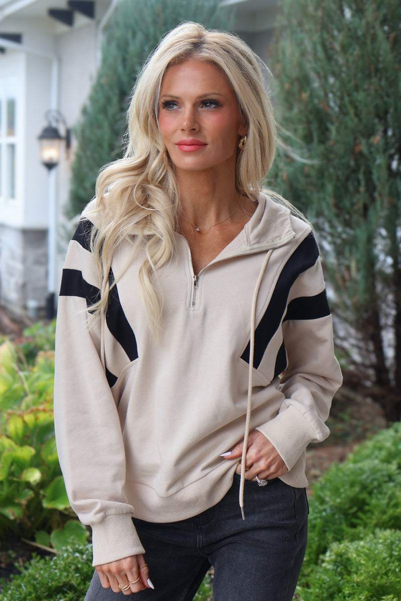 Karina Half Zip Up Hoodie Sweatshirt : Beige
