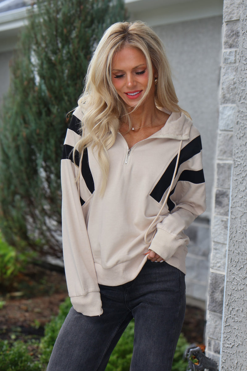 Karina Half Zip Up Hoodie Sweatshirt : Beige