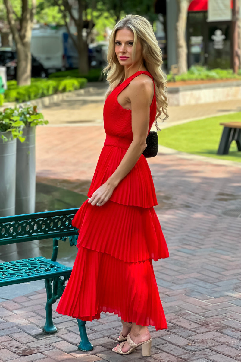 Rylee Pleats Tiered Dress : Radiant Red