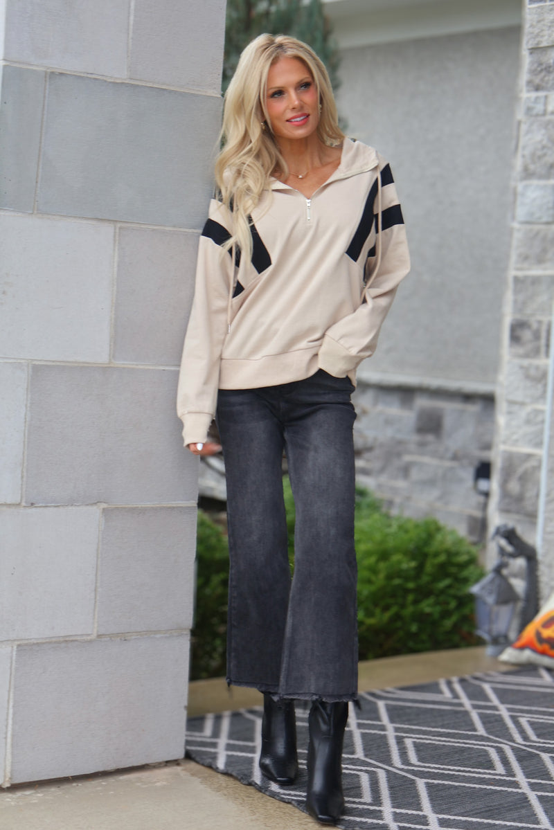 Karina Half Zip Up Hoodie Sweatshirt : Beige