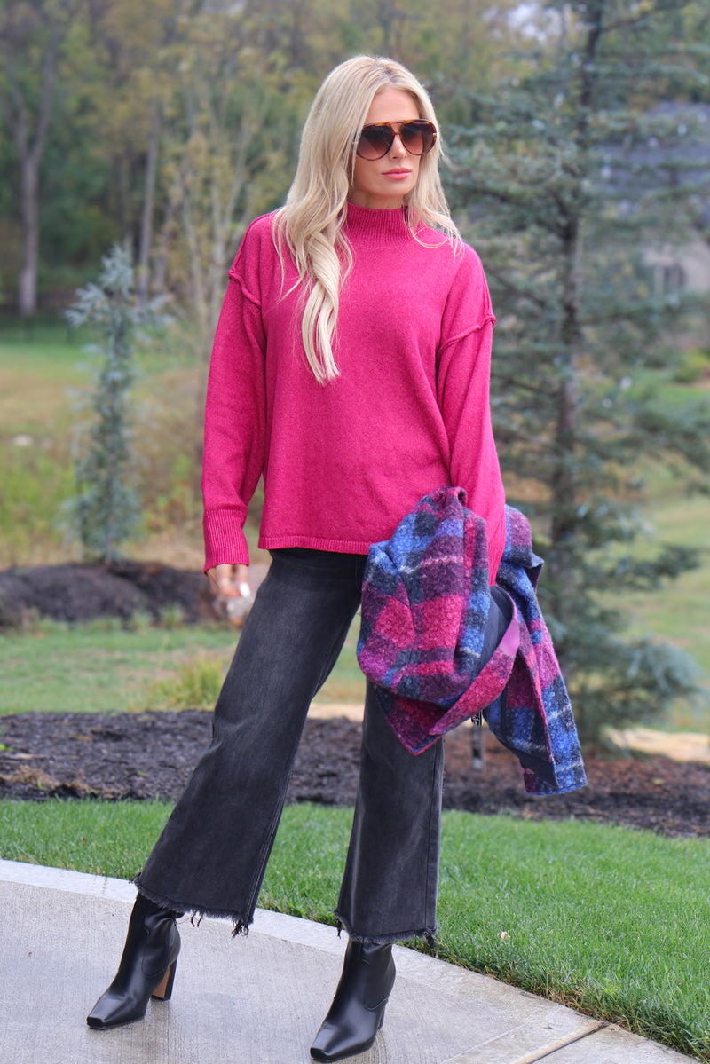 Fleur Mock Neck Long Sleeve Sweater : Berry