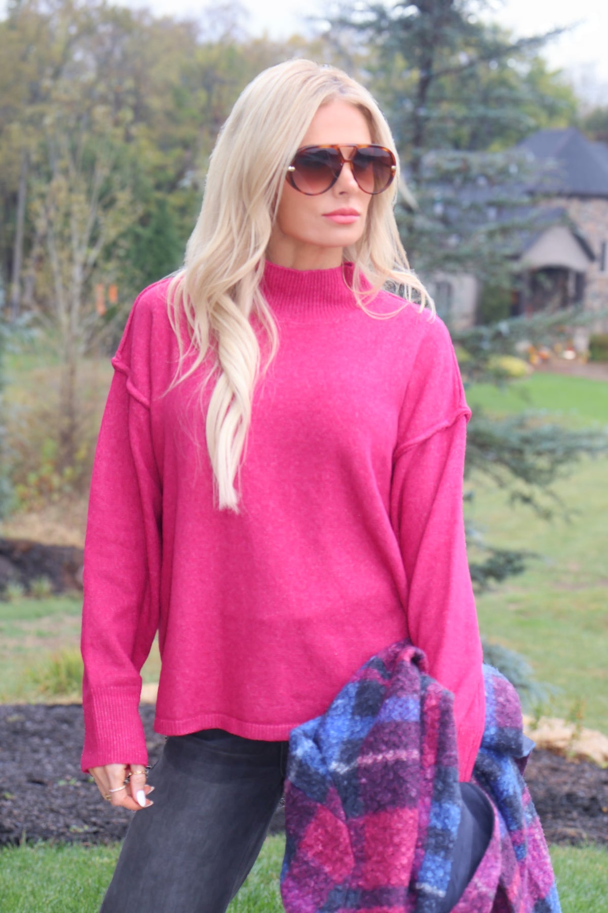 Fleur Mock Neck Long Sleeve Sweater : Berry