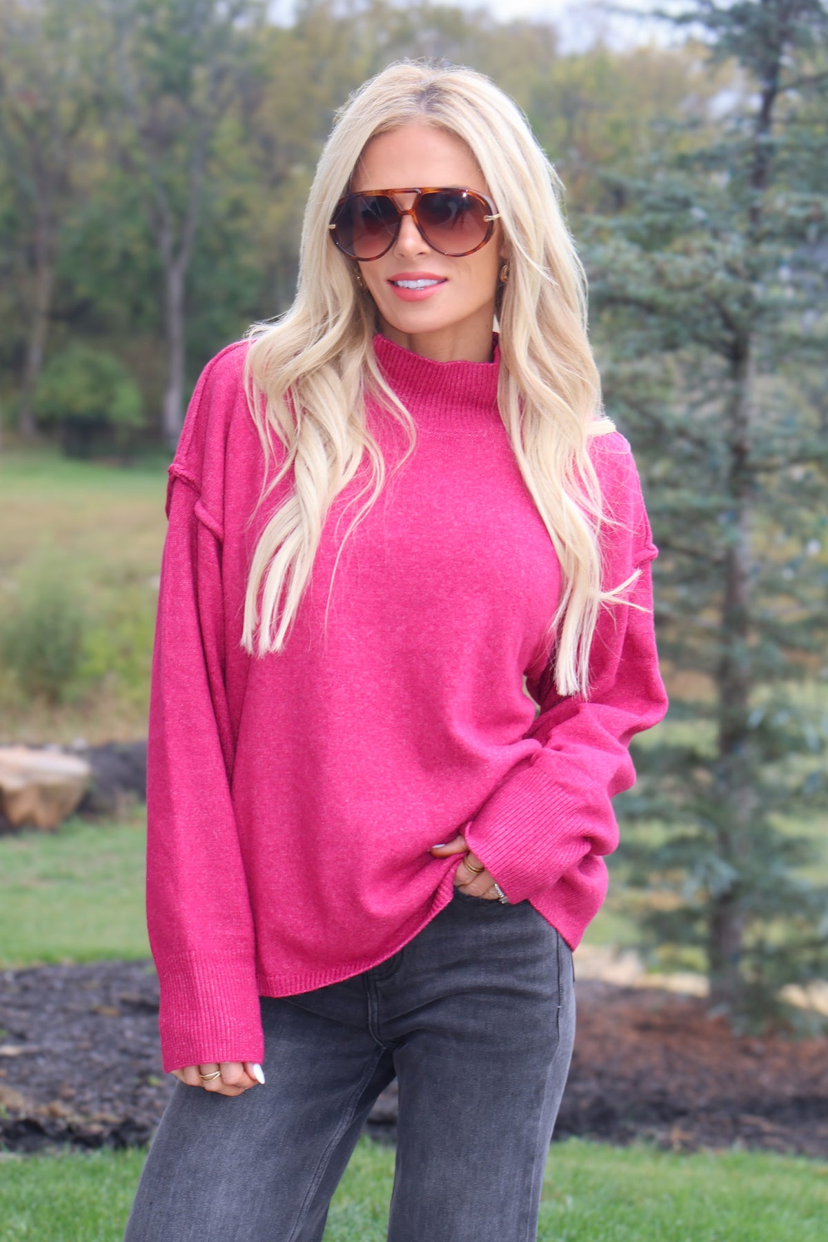 Fleur Mock Neck Long Sleeve Sweater : Berry